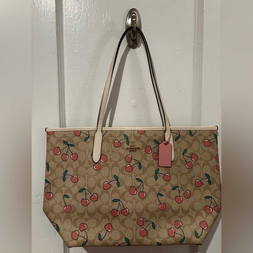 Like New Coach Tan & Pink Cherry Tote Bag